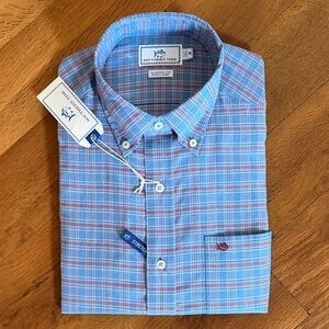 Southern Tide Men's Light Blue and Red Plaid Shirt